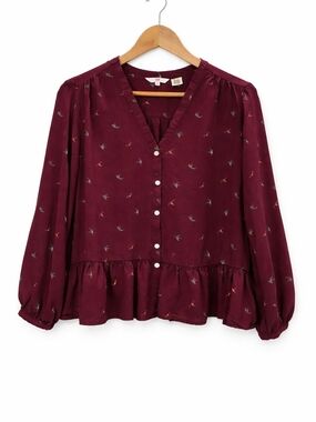 Levi's Burgundy Button-Front Peplum Blouse with Bird Print
